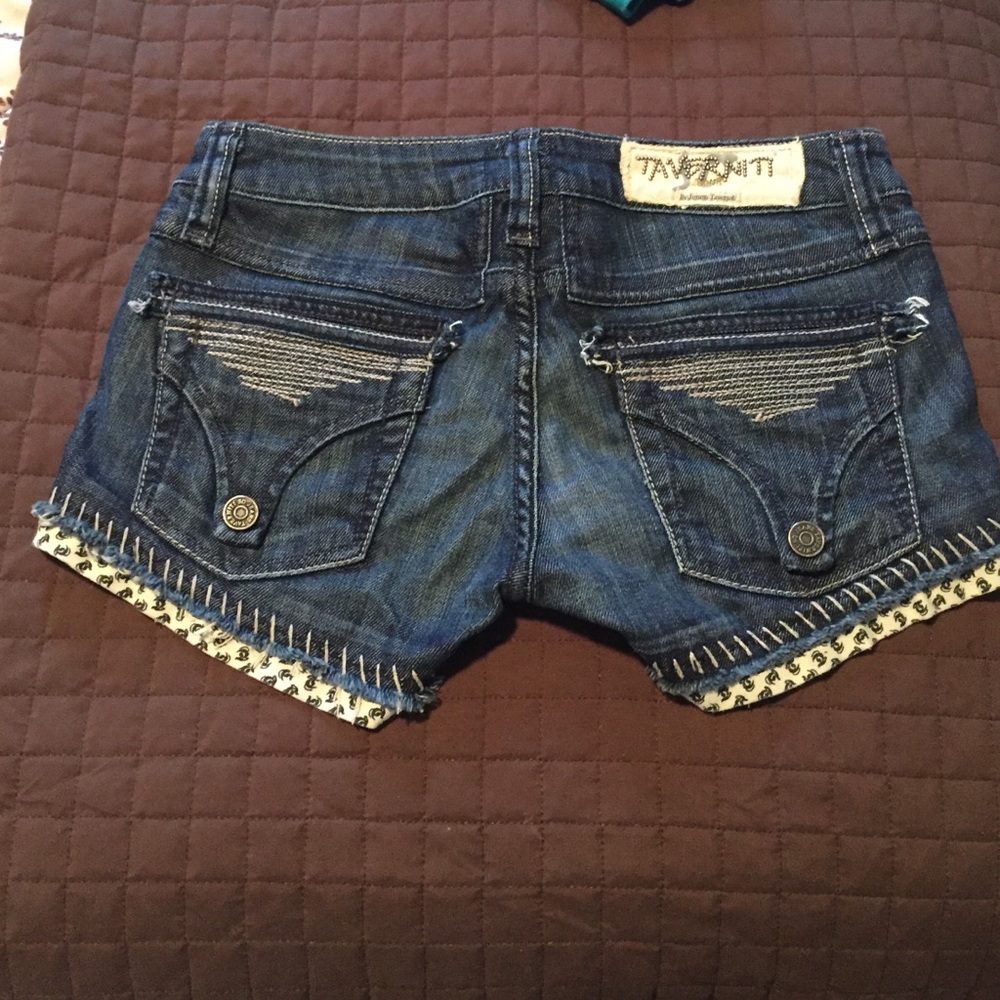 Taverniti So Jeans Dark Blue Denim Jean Shorts with Patterned Cuffs - Picture 2 of 4